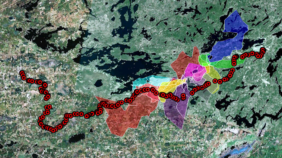 WolfTrack Sled Dog Race superimposed on the WRI study area