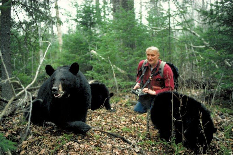 Lynn kneeling among bears recording data