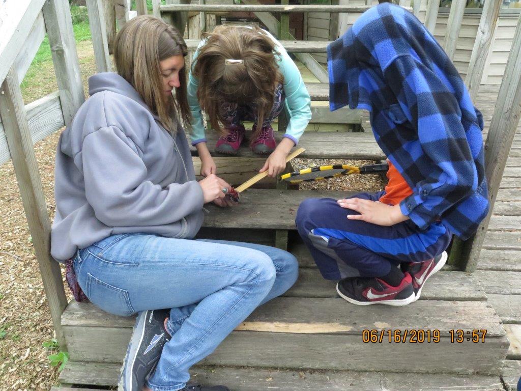 Colleen and kids dissecting a bird